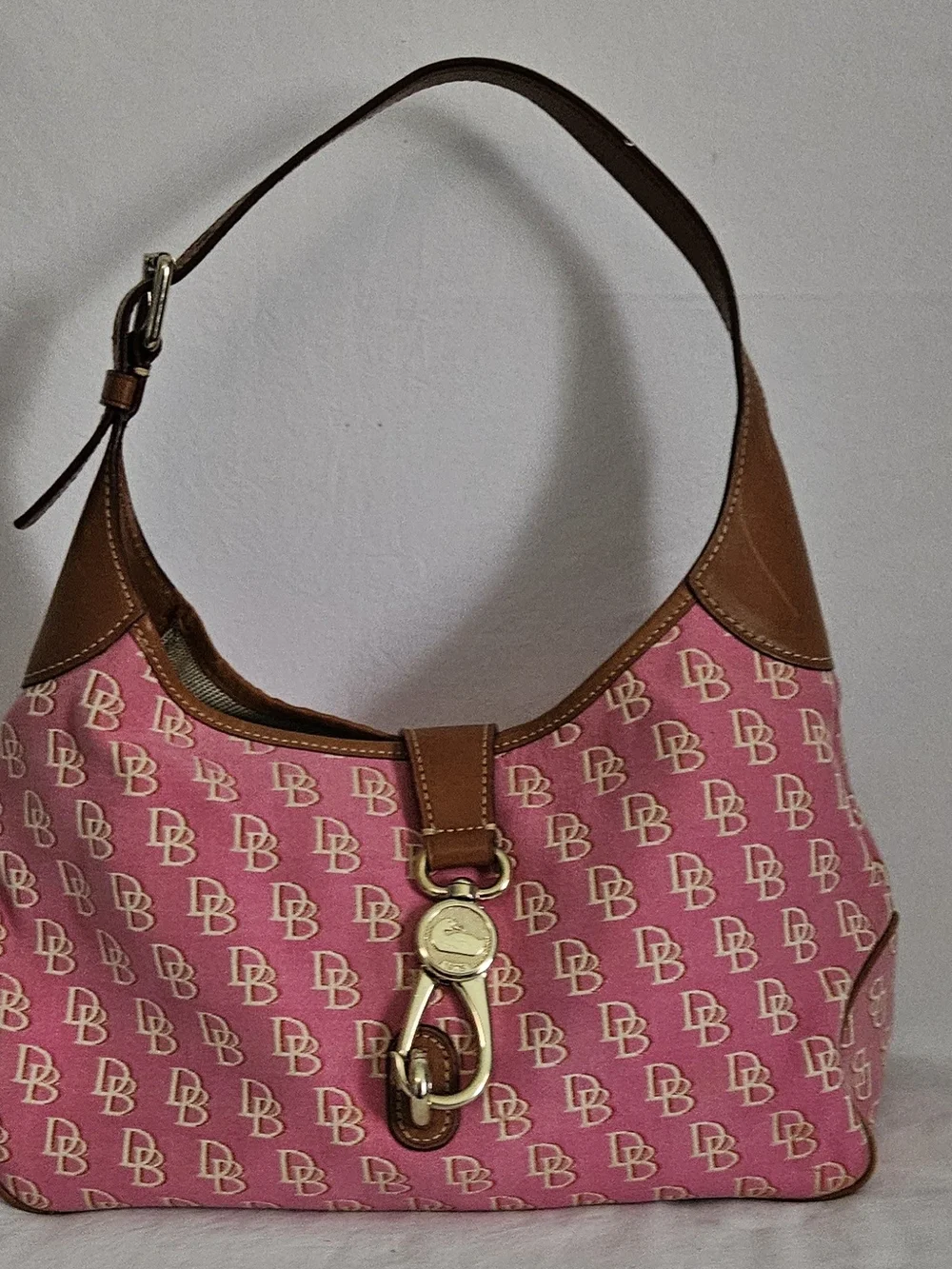 Vintage Dooney & Bourke Pink DB Monogram Hobo Bag with Duck Charm